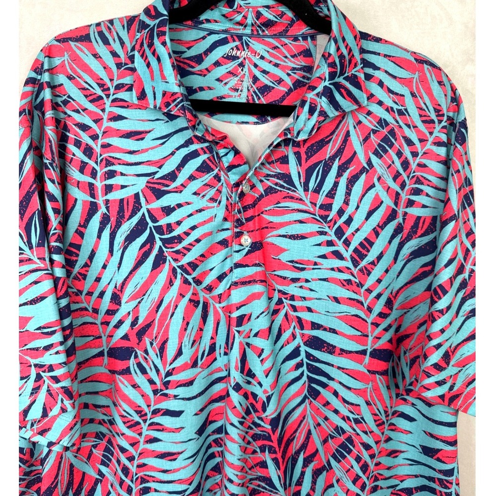 johnnie-O Blue Teal Pink Tropical Leaf Polo